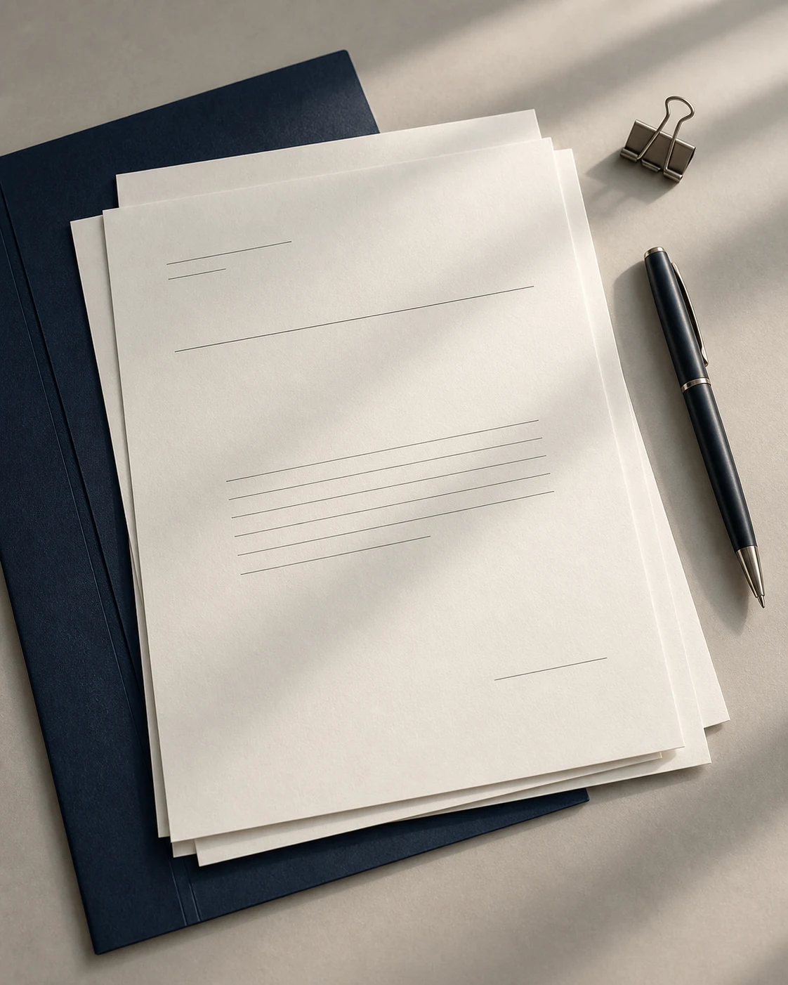 Neatly arranged papers, a navy folder, and a pen on a softly lit office desk